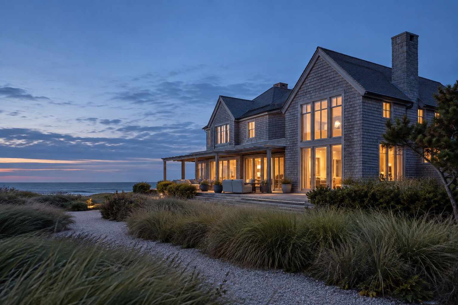 A cedar-shingle coastal house glowing warmly at blue hour