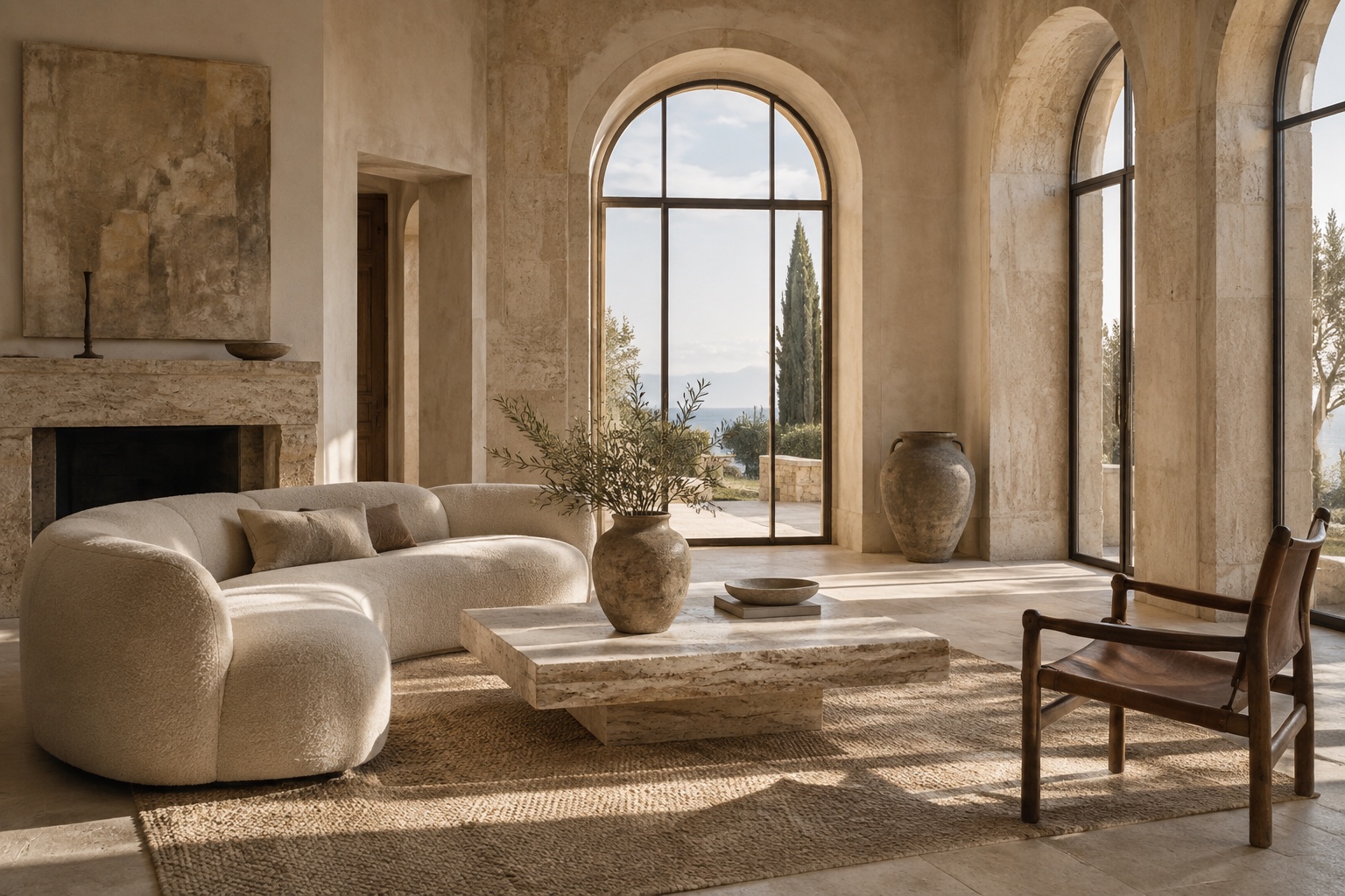 A serene travertine living room with arched windows and sculptural furniture