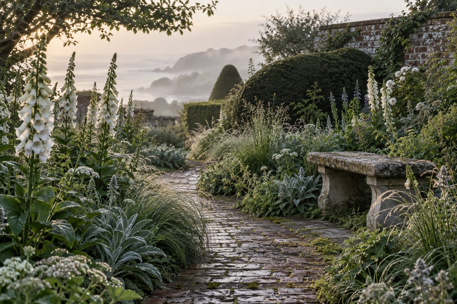 A dewy coastal garden with foxgloves, grasses and an old brick path