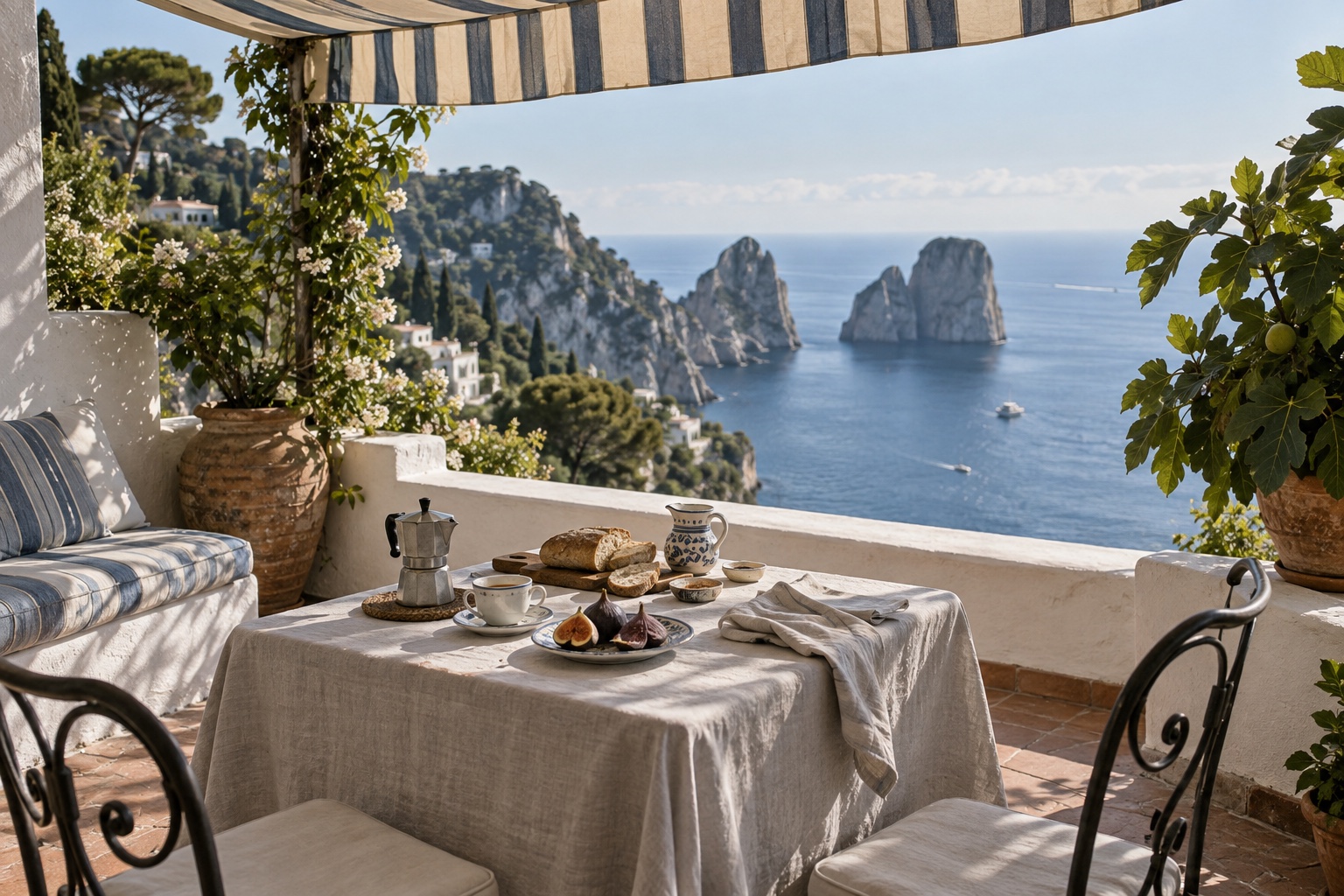 A breakfast table on a shaded Capri terrace overlooking the sea
