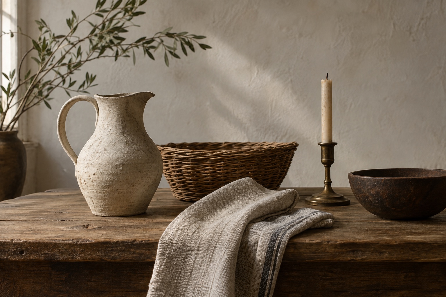 A still life of handmade ceramic, linen, brass, willow and aged wood