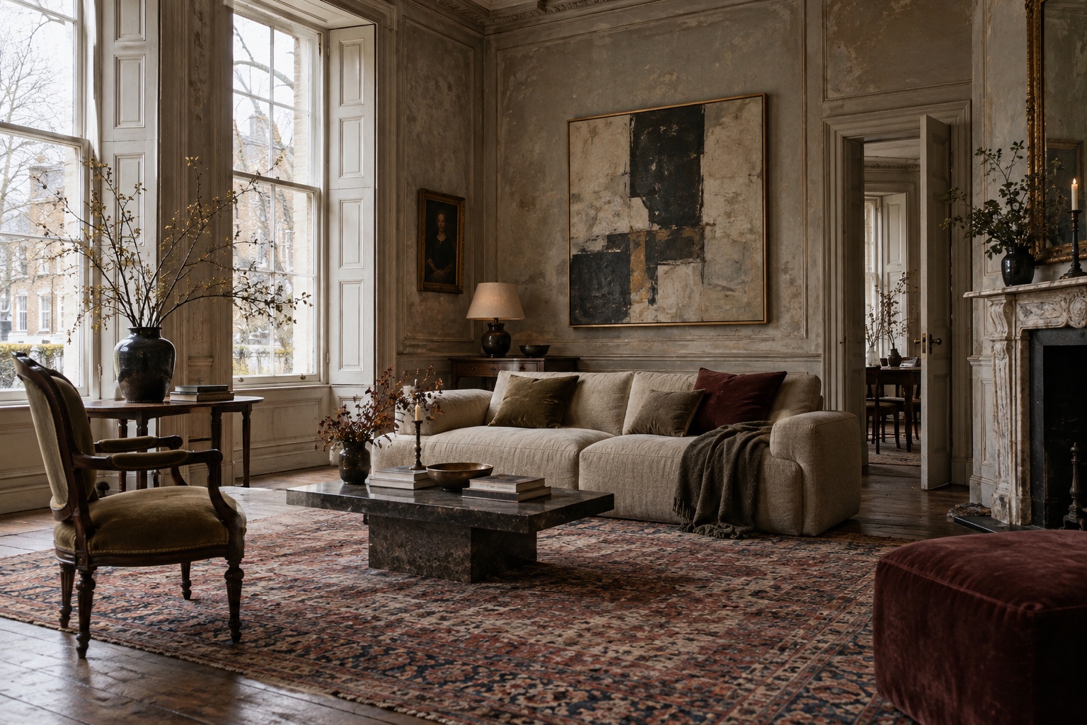 An atmospheric townhouse living room mixing antique and contemporary furniture
