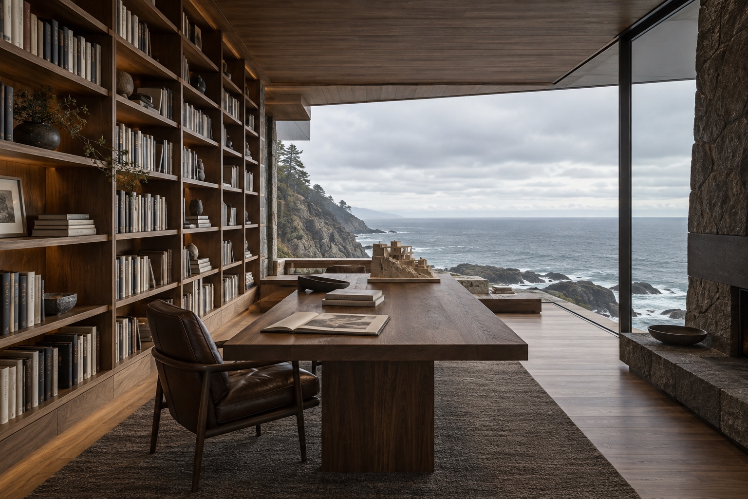 A walnut library with a panoramic window overlooking a rugged sea