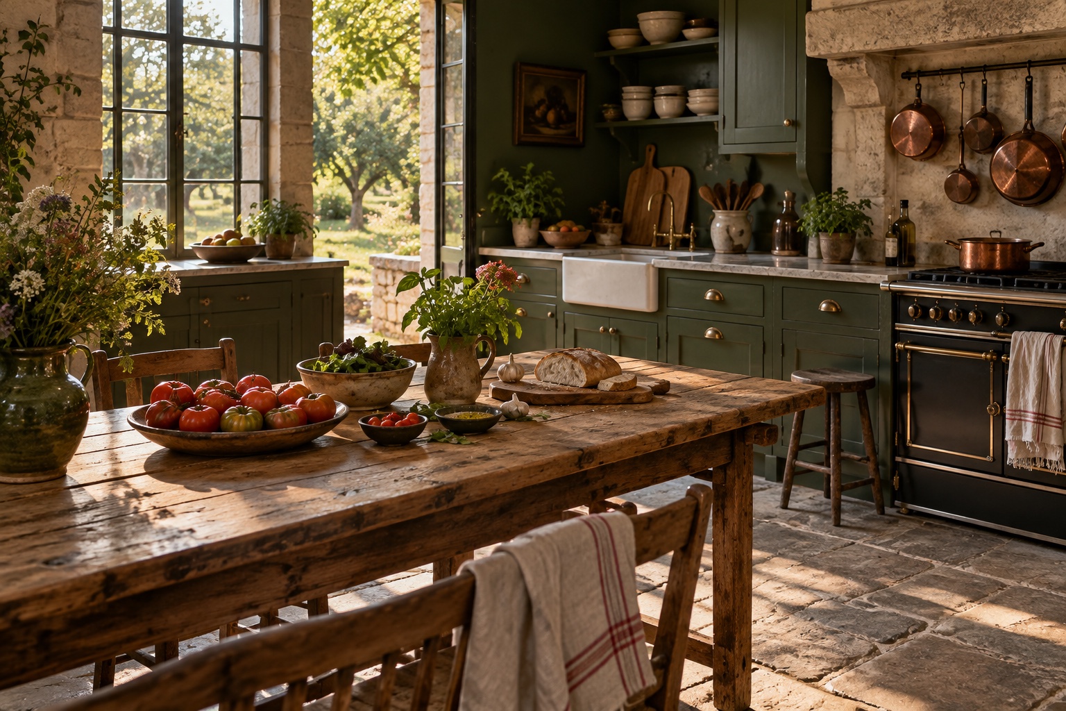 A deep green farmhouse kitchen with an old oak table and copper pans