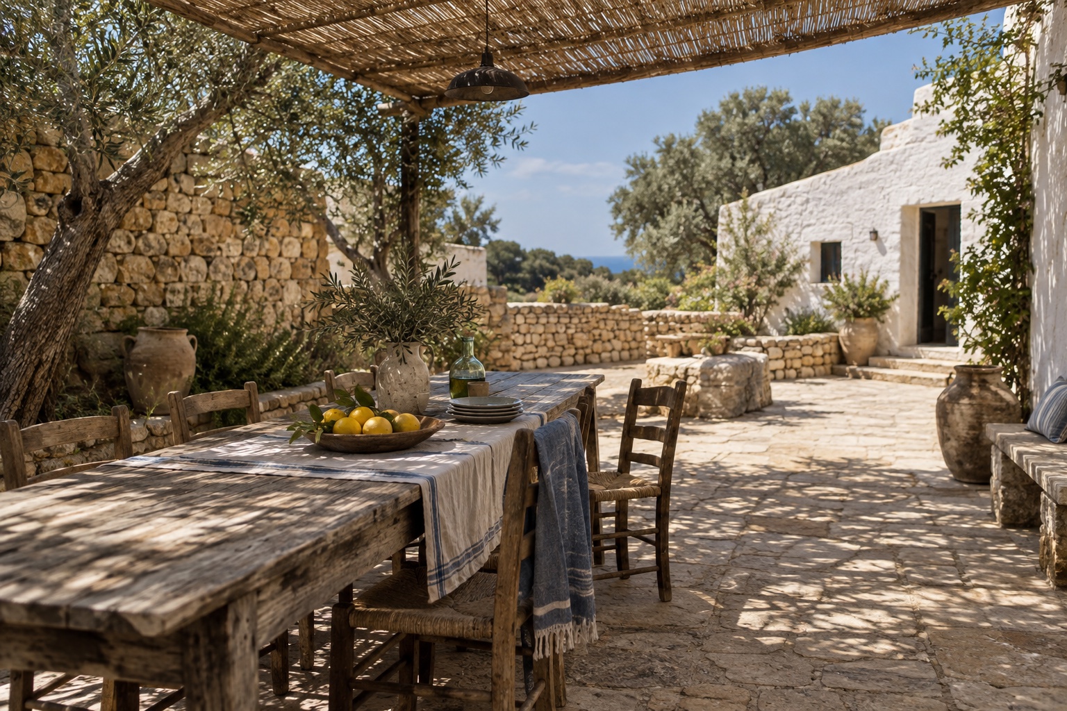 A shaded Menorcan courtyard with a rustic table and dry-stone walls