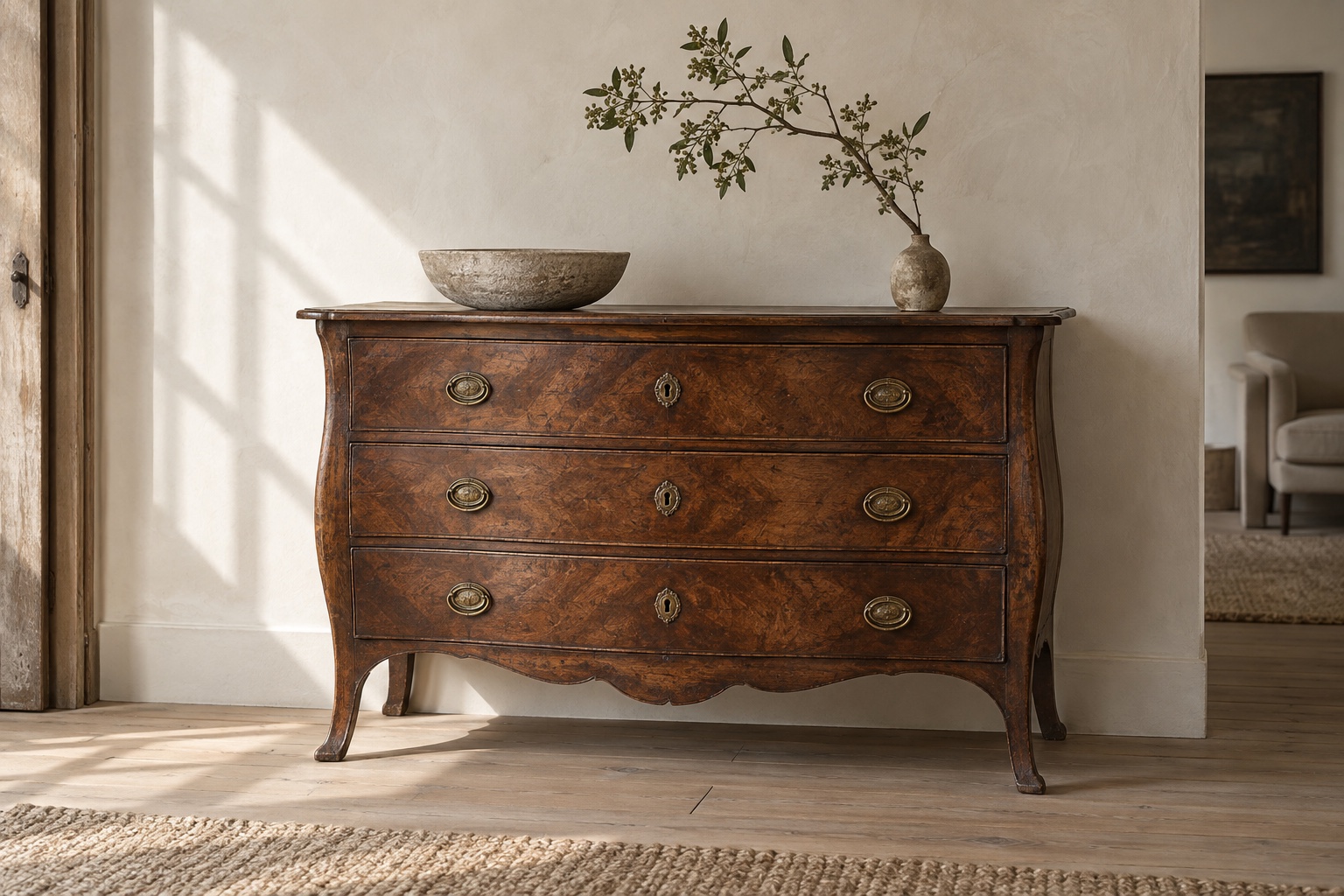 An antique walnut commode in a restrained contemporary room