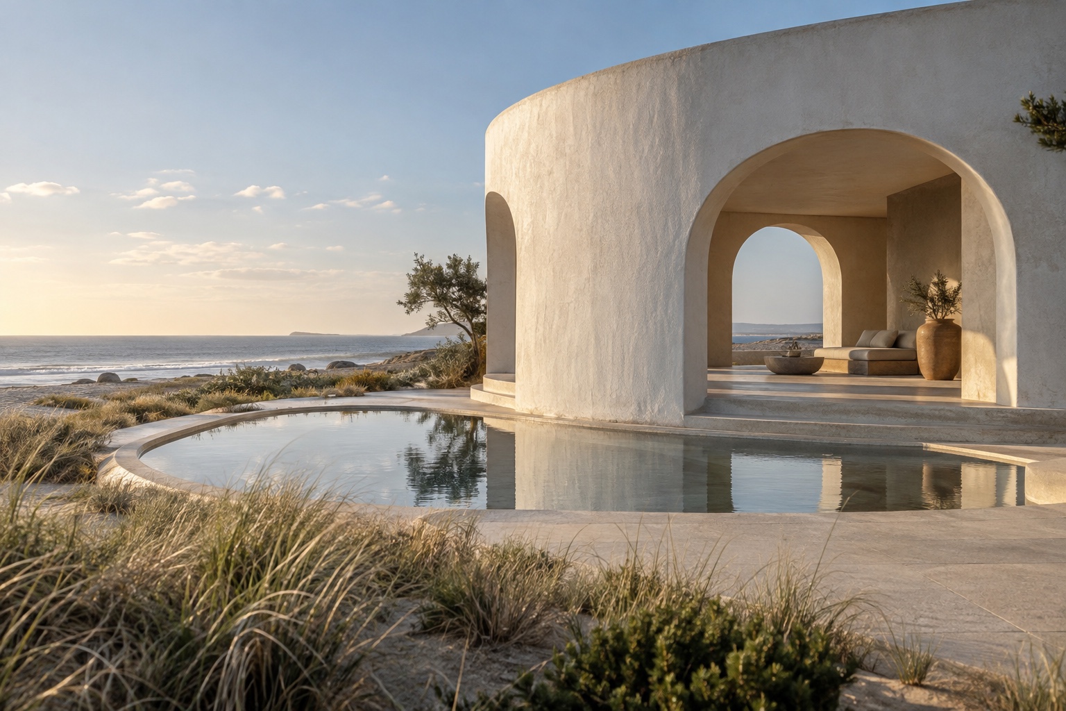 A curved white coastal pavilion beside a shallow reflecting pool