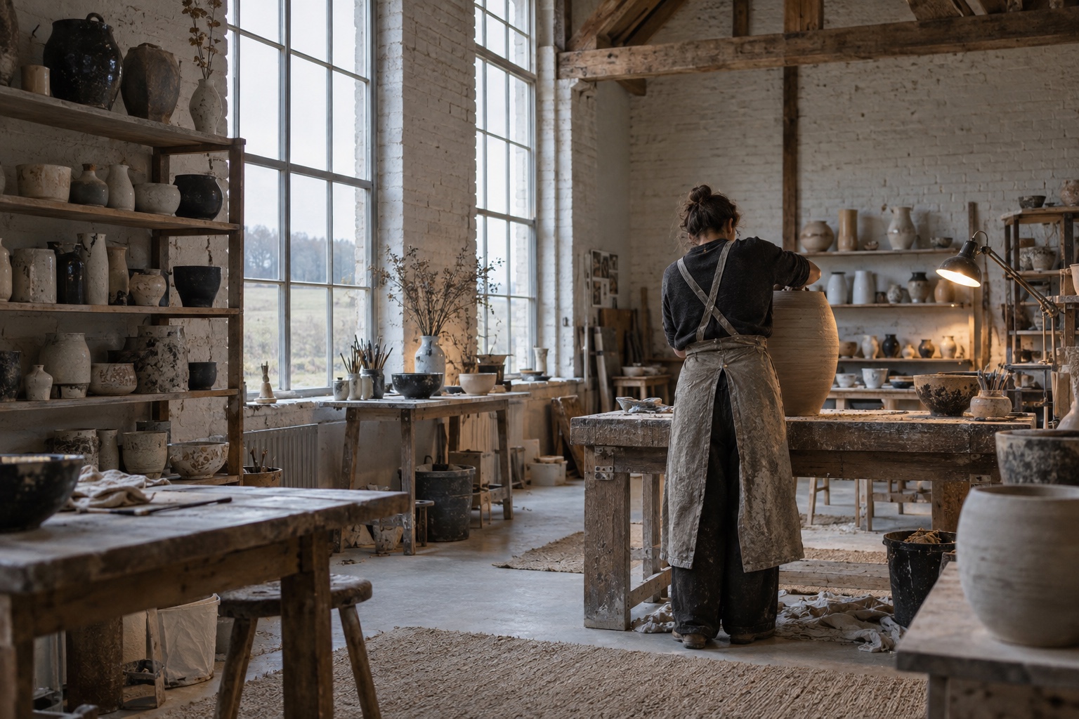 A ceramicist working on a large vessel in a light-filled converted barn